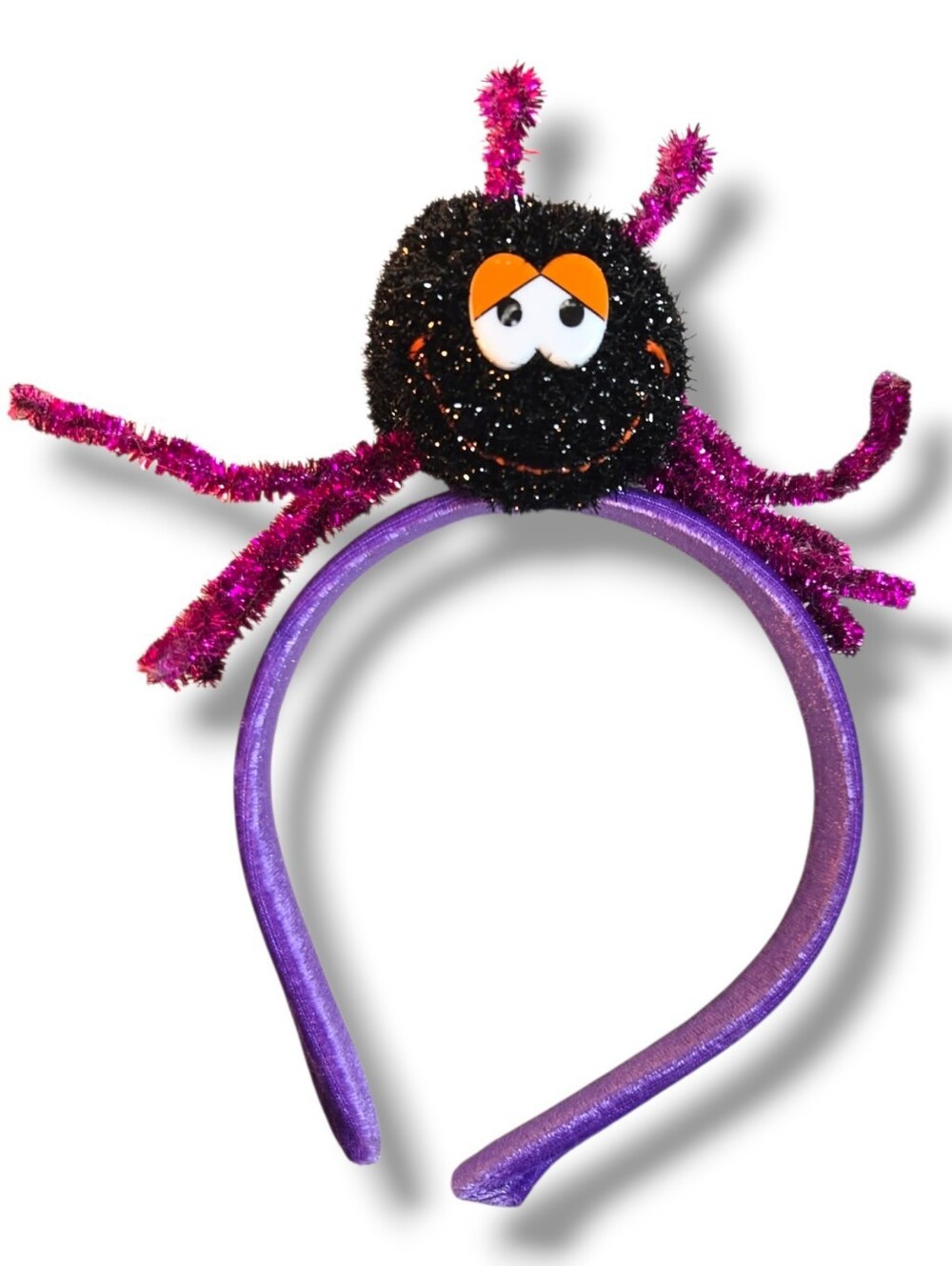 Halloween Plush Spider Headband Velour Wrapped Tinsel Sparkle Purple Dandee MTY